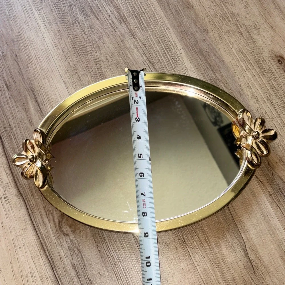 CI Gold Oval Mirrored Vanity Tray Bow Floral Accents Vintage Style 13.5in